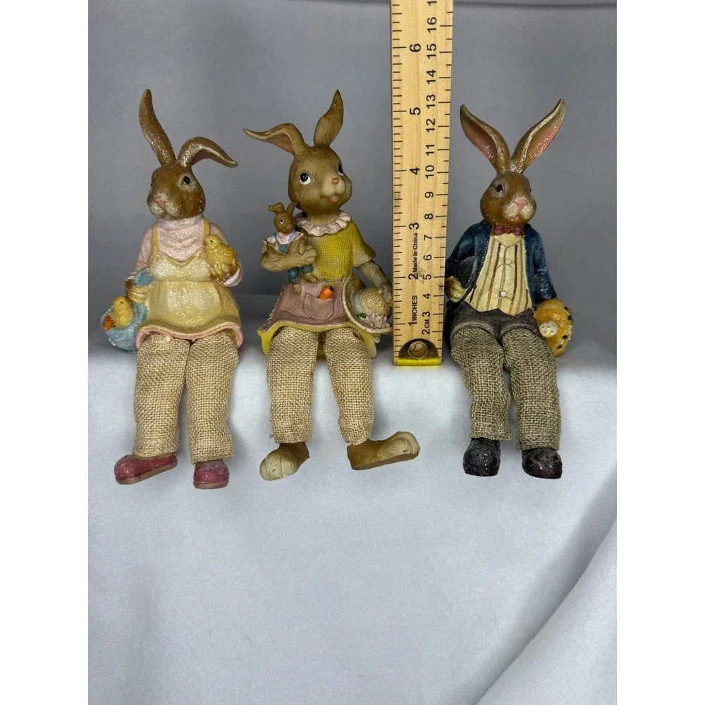 Easter Bunny‎ Shelf Sitter Set 3pc Multicolor Spring Decor Resin Burlap